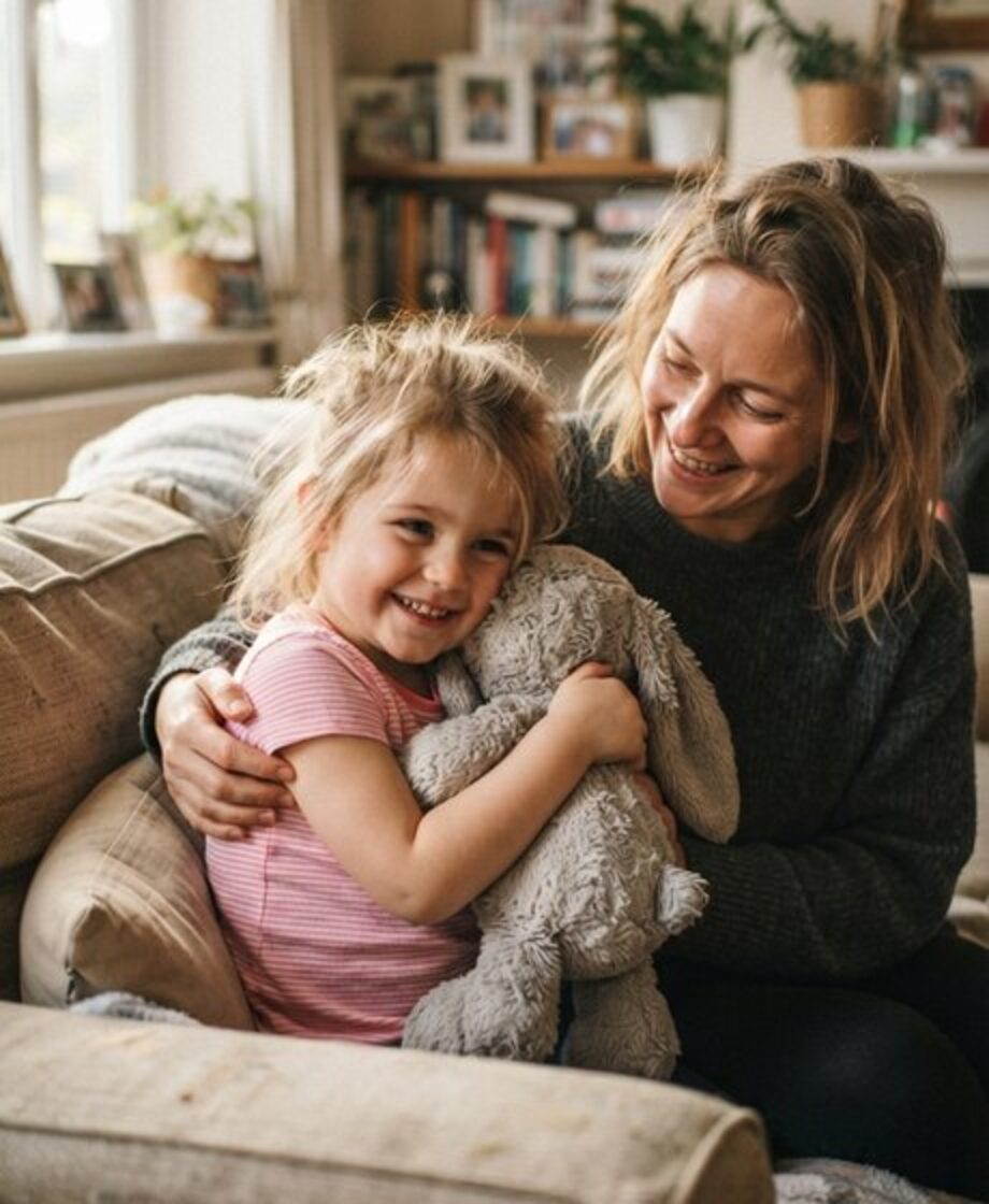 A parent hugging a child who is holding a well-loved grey teddy bear in a living room.