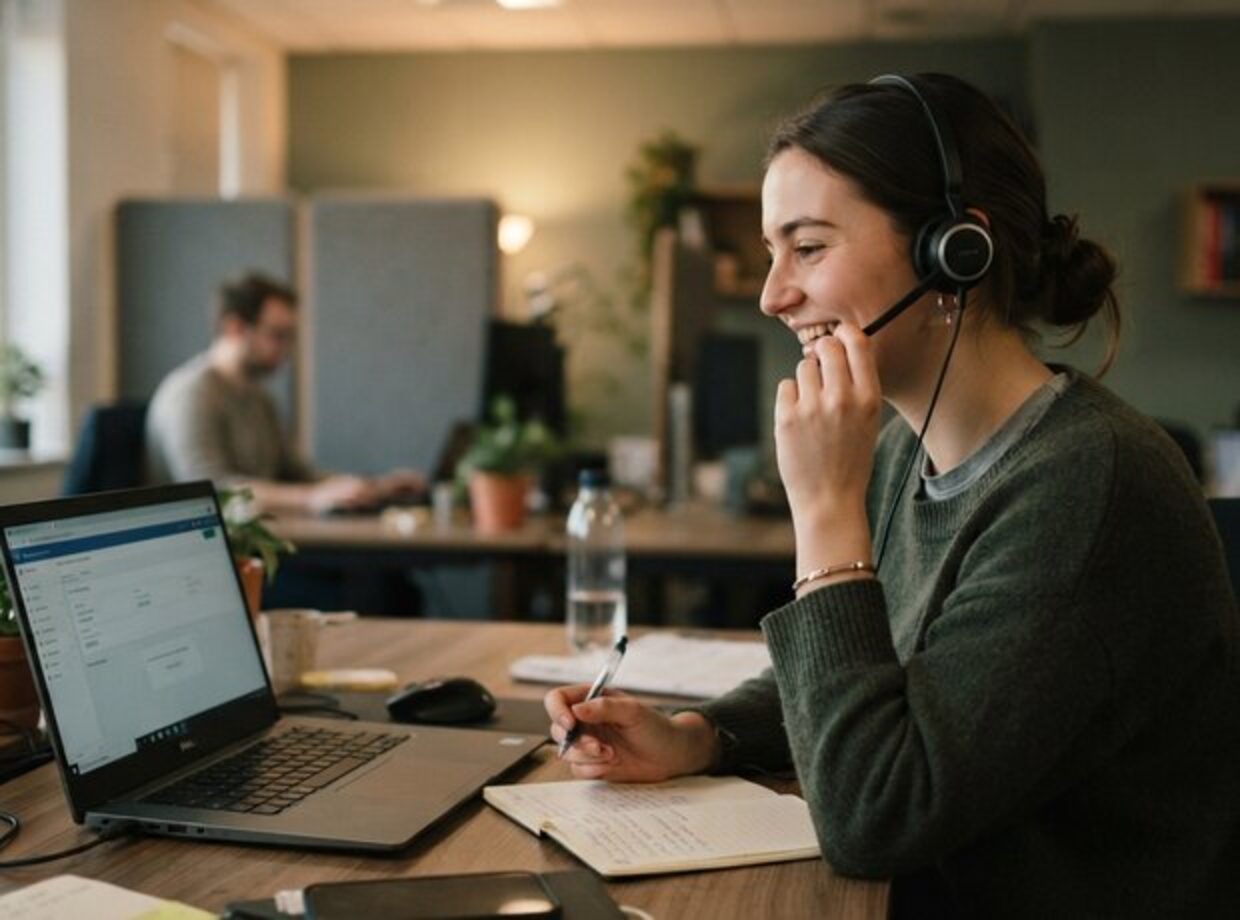 An agent wearing a headset talking to a traveller while a colleague works at a desk behind her.