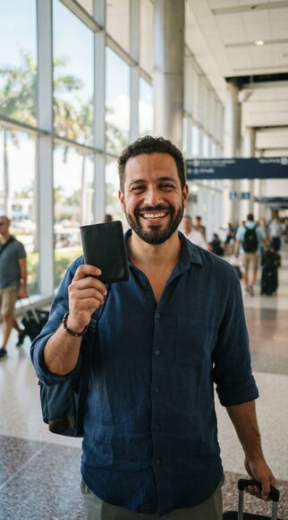 A traveller checking the tag on a black backpack at a Miami International arrivals hall.